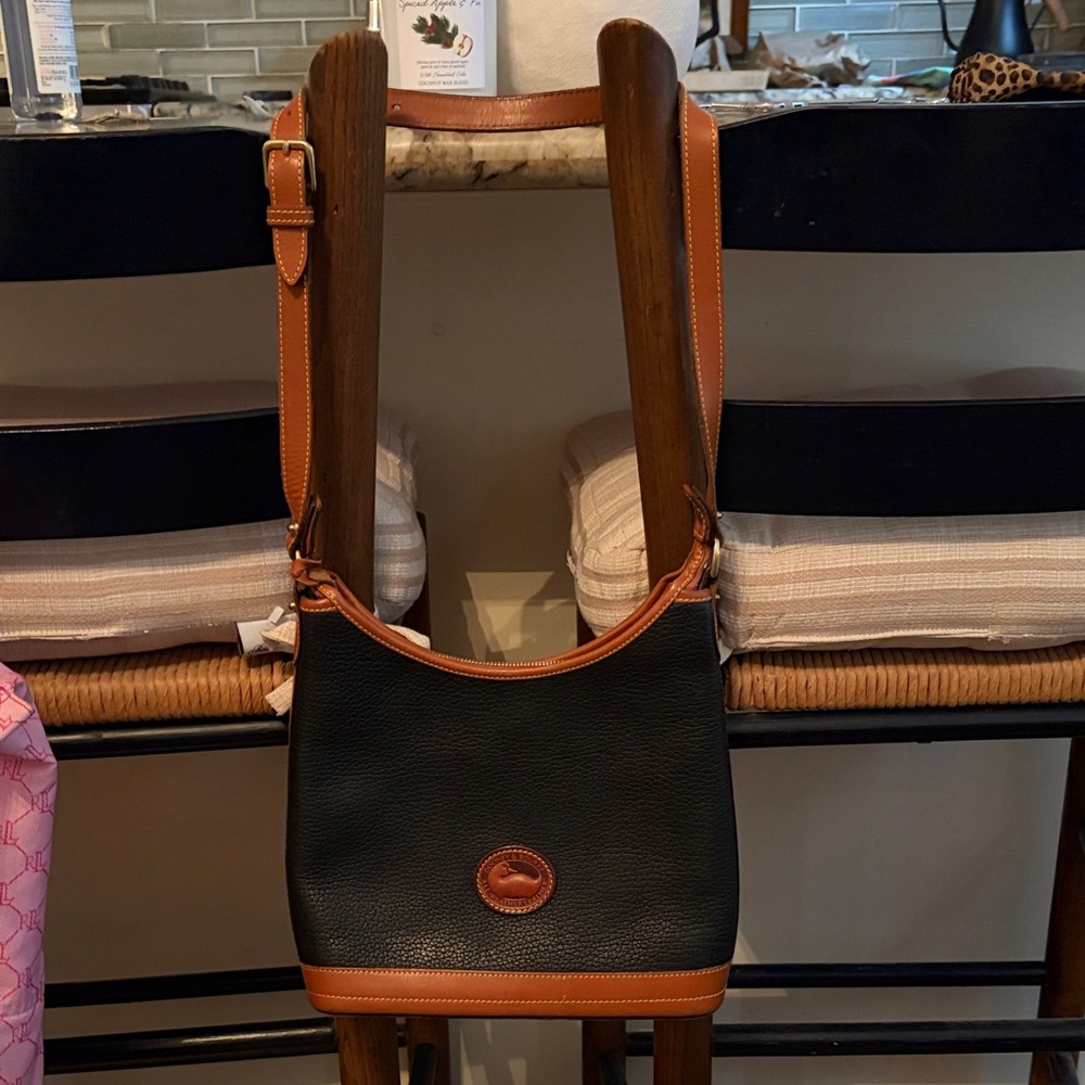 Dooney & Bourke Black Pebbled Leather Shoulder Bag with Tan Trim